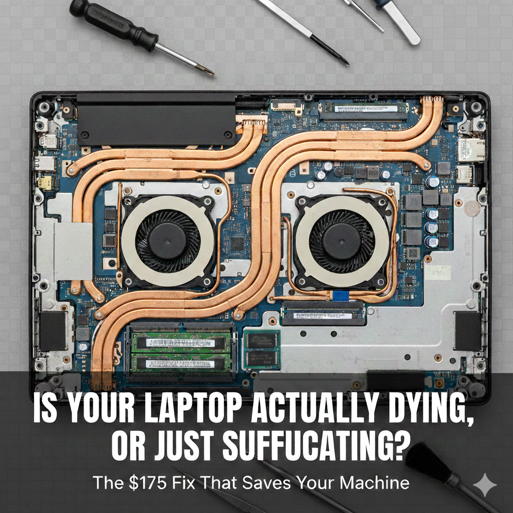 Professional laptop repair in Vaughan: A technician's workbench featuring an open laptop with clean cooling fans and internal hardware.