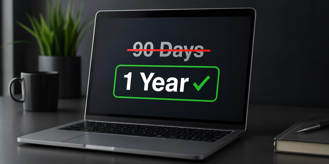 Laptop screen showing 90-day warranty crossed out replaced by 1-year warranty - buy direct from Saddle Group Canada for better coverage than Amazon marketplace sellers