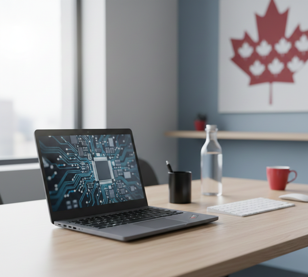 Refurbished business laptop on a clean office desk in Canada with wireless keyboard and monitor, professional workspace setup for corporate use