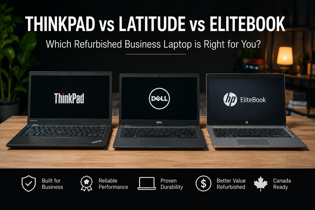Comparison image showing Lenovo ThinkPad, Dell Latitude, and HP EliteBook refurbished business laptops side by side for a buying guide.