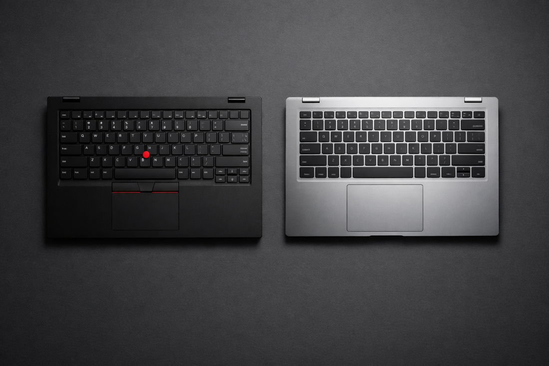 Lenovo ThinkPad vs Dell Latitude refurbished business laptops side by side comparison — keyboard view showing red TrackPoint