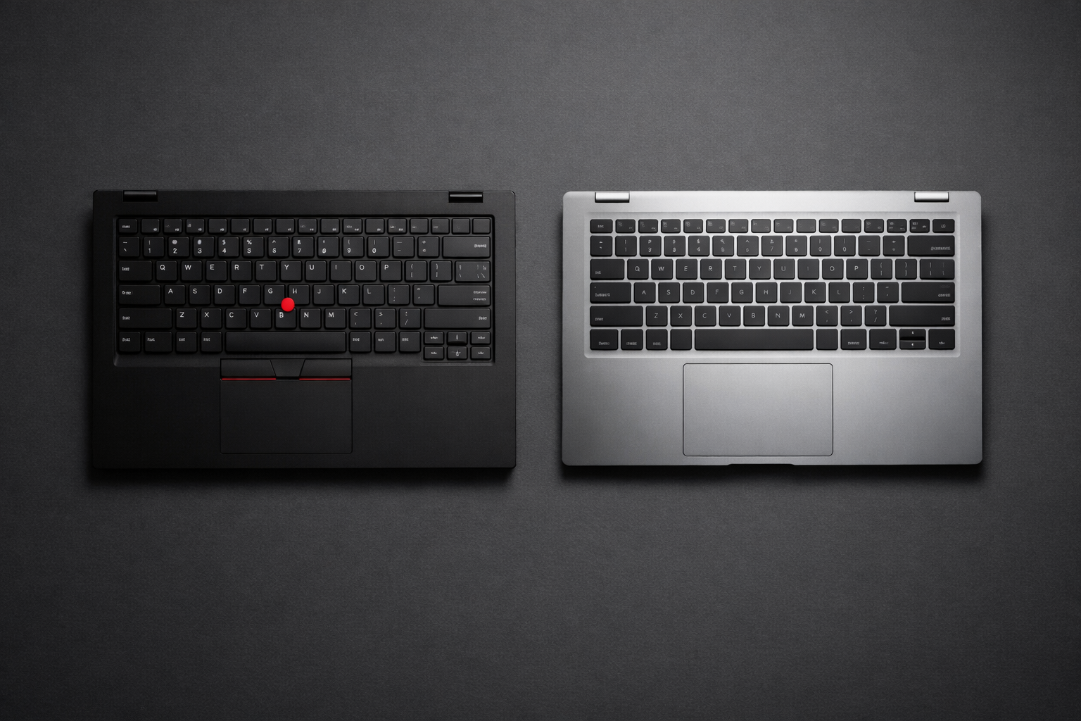 Lenovo ThinkPad vs Dell Latitude refurbished business laptops side by side comparison — keyboard view showing red TrackPoint