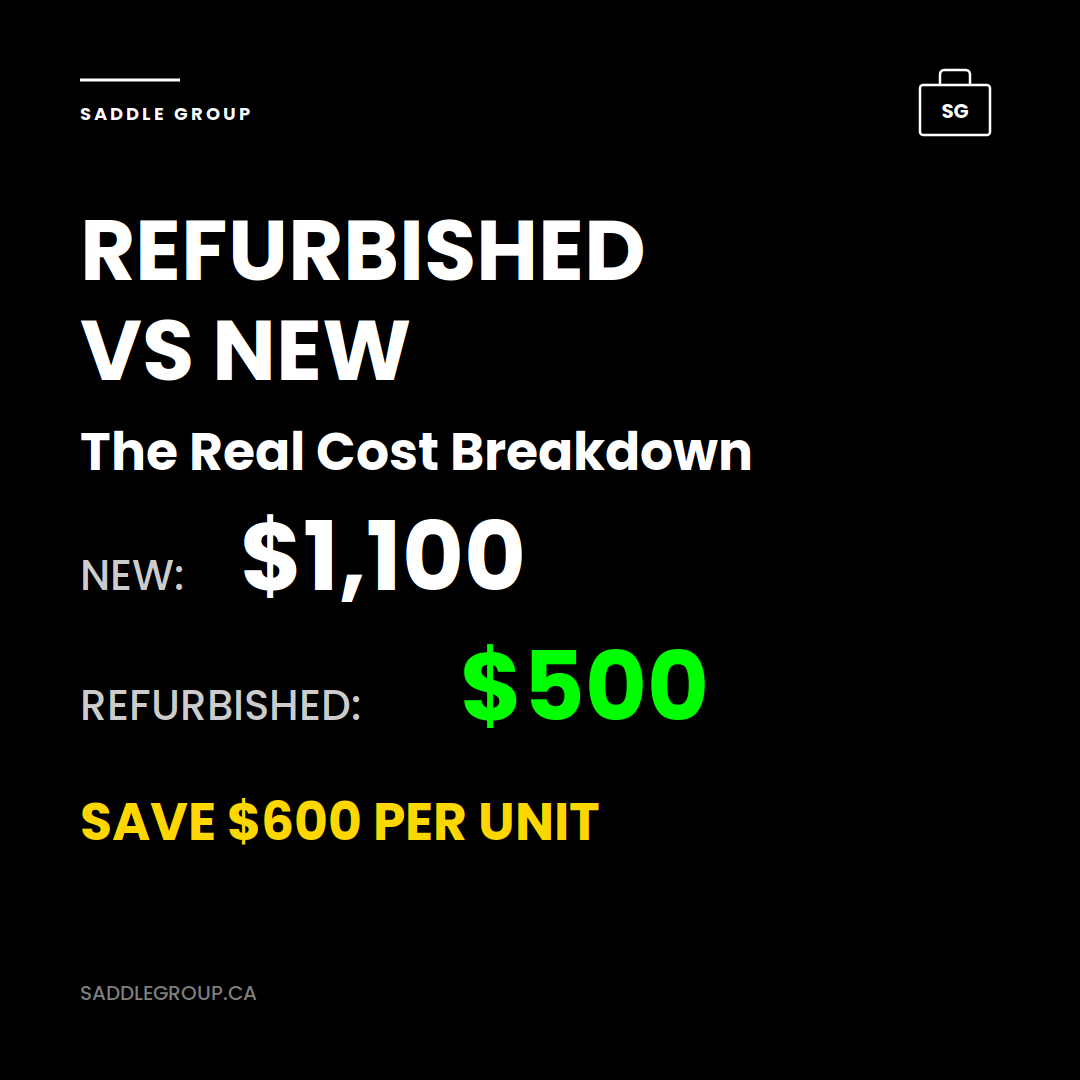 Refurbished vs new business laptop cost comparison - $1,100 MSRP vs $500 certified refurbished price breakdown for Canadian IT departments