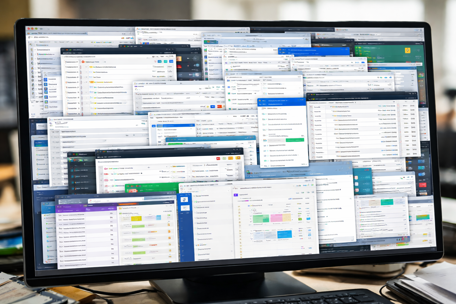 Overwhelmed computer screen covered in overlapping windows and browser tabs - single monitor productivity problem solved with dual monitor docking station setup Canada