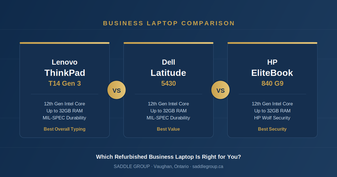 Comparison graphic: Lenovo ThinkPad T14 Gen 3 vs Dell Latitude 5430 vs HP EliteBook 840 G9 refurbished business laptops