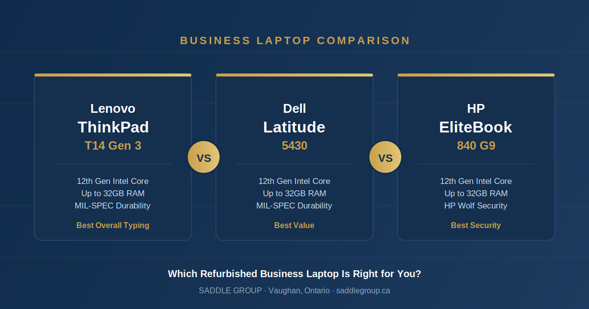 Comparison graphic: Lenovo ThinkPad T14 Gen 3 vs Dell Latitude 5430 vs HP EliteBook 840 G9 refurbished business laptops