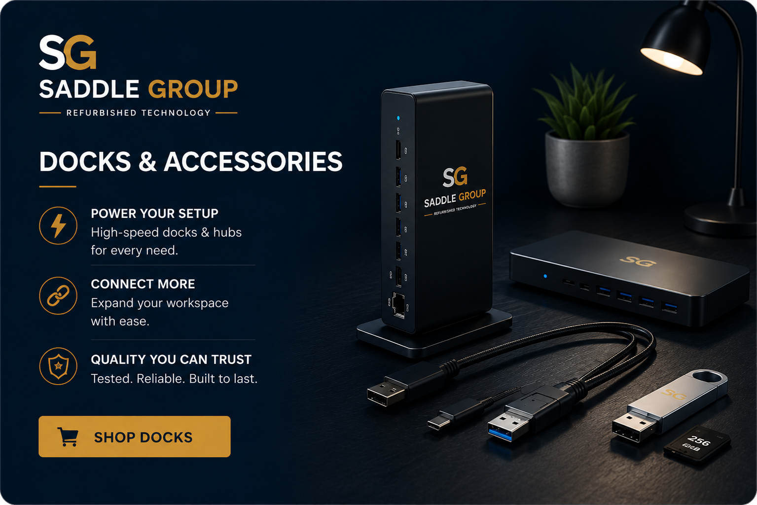 Enterprise docking stations Canada featuring USB-C and Thunderbolt docks for Lenovo, Dell and HP business laptops from Saddle Group.