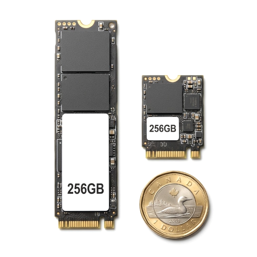 256GB M.2 NVMe SSD size comparison: long M.2 2280 and small M.2 2230 drives next to a Canadian loonie