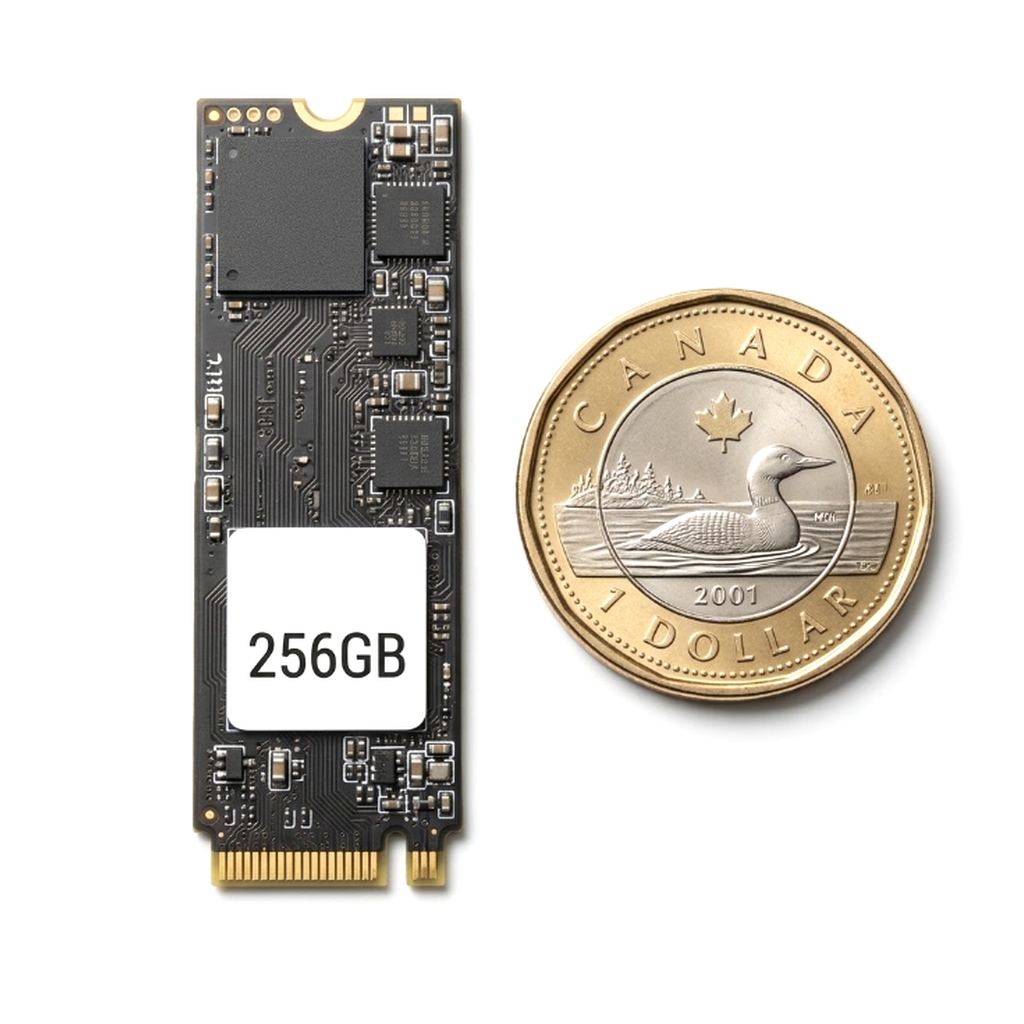 256GB M.2 2280 NVMe SSD next to a Canadian loonie for scale
