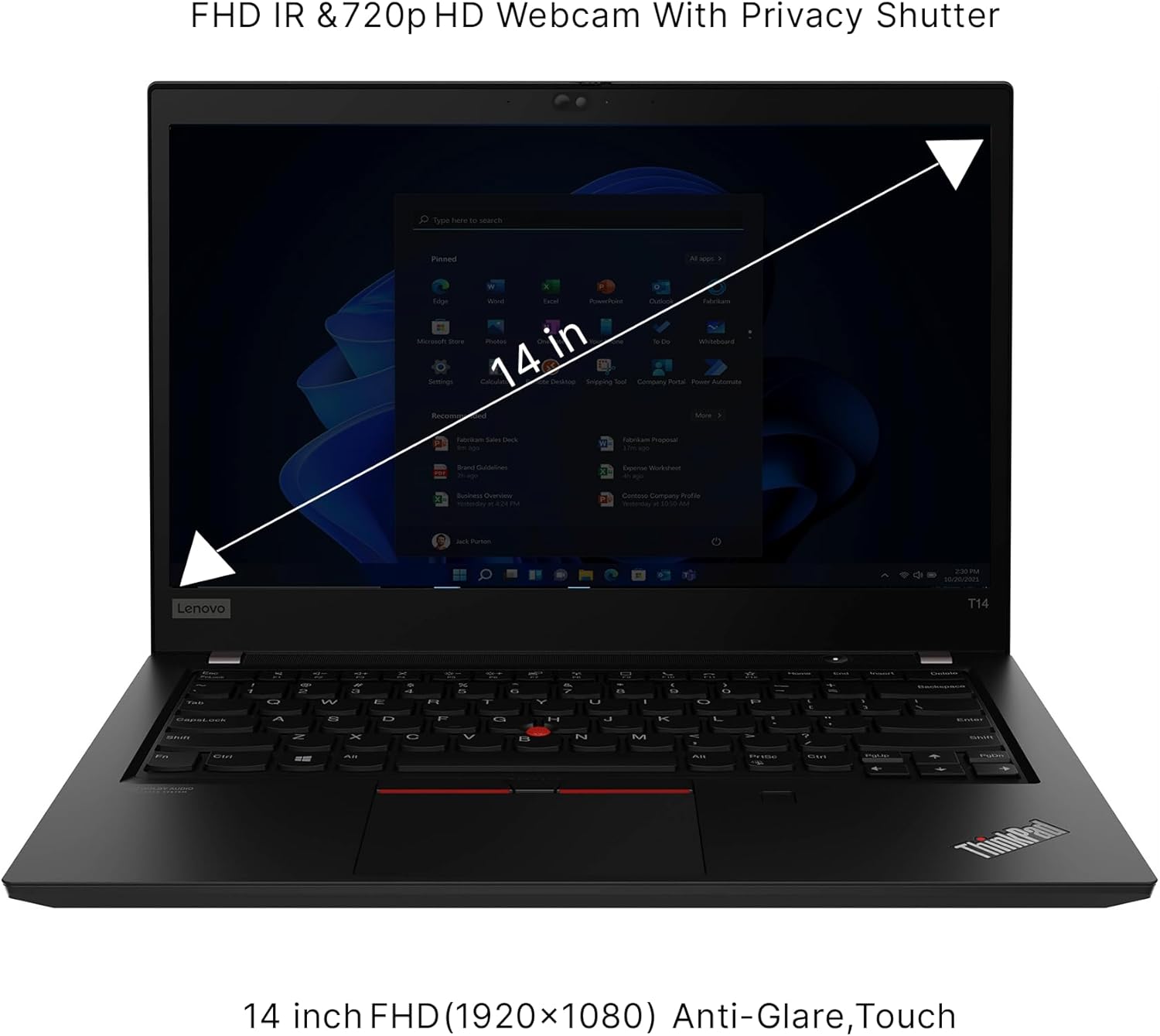 Laptop with screen showing interface, labeled '14 in' and 'FHD (1920x1080) Anti-Glare,'.Laptop with a dark-themed operating system interface on a white background t14s gen 2 saddle group vaughan