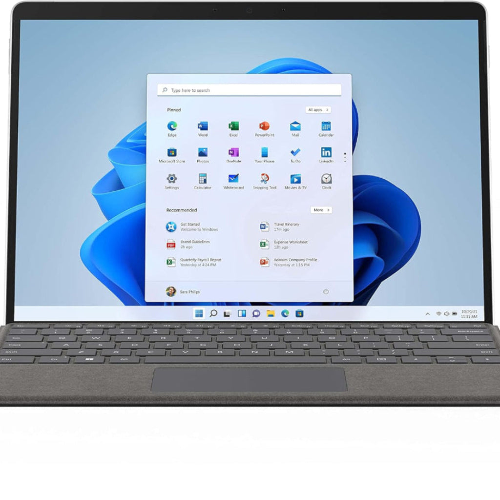 Microsoft Surface Pro 8 displaying Windows 11 desktop with Signature Keyboard attached