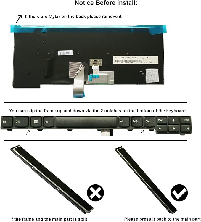 Instructions for installing a keyboard with a focus on removing Mylar and reassembling the frame.