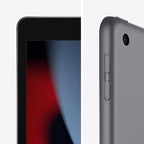 Close-up of an apple ipad 9th gen with a blurred screen on the left and a side view on the right. saddle group ipad gen 9 256gb wifi cellular vaughan