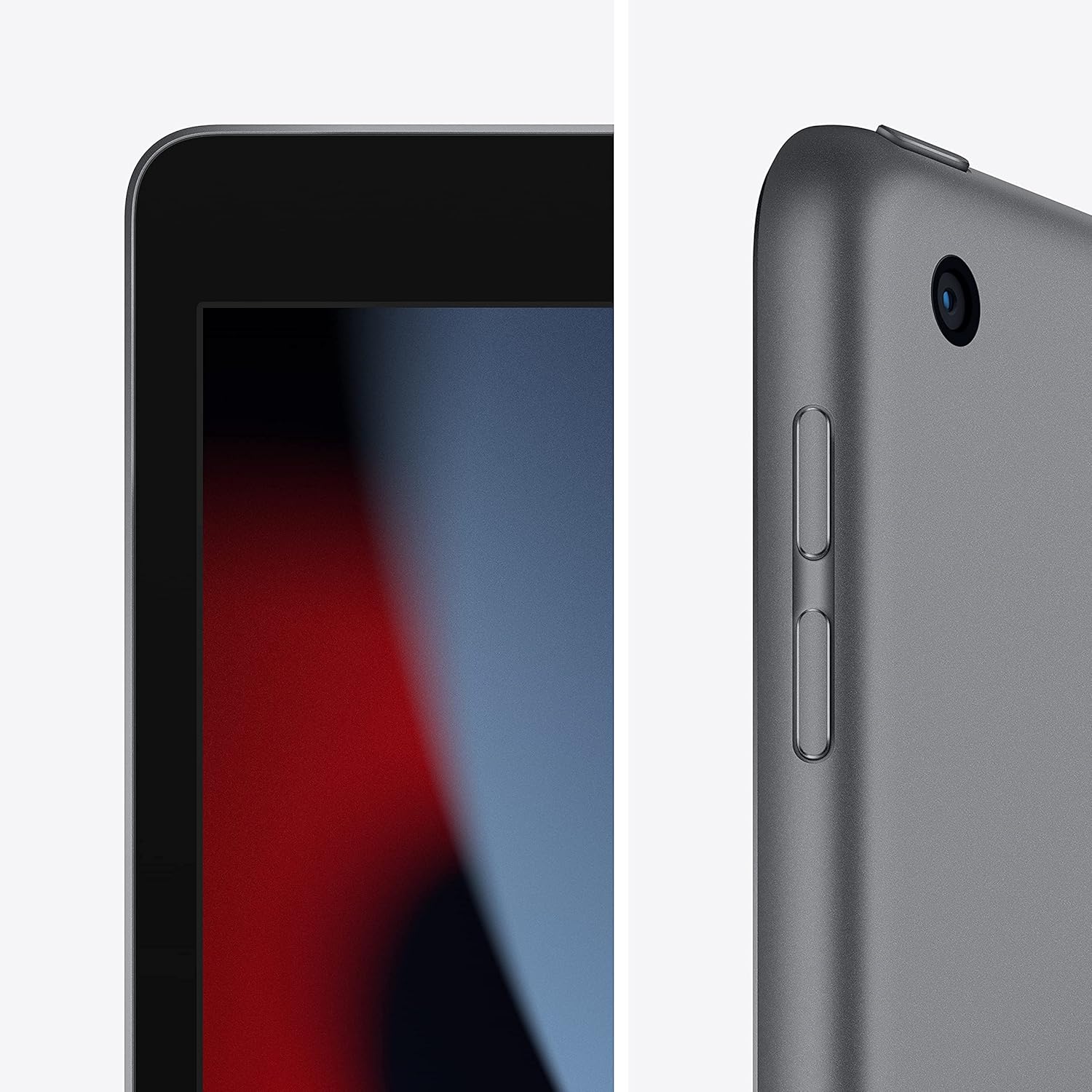 Close-up of an apple ipad 9th gen with a blurred screen on the left and a side view on the right. saddle group ipad gen 9 256gb wifi cellular vaughan