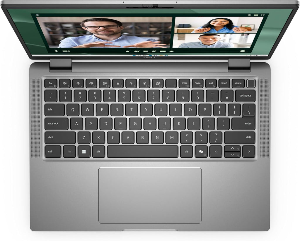 Dell Latitude 7450 Laptop displaying a video call with four people on a white background
