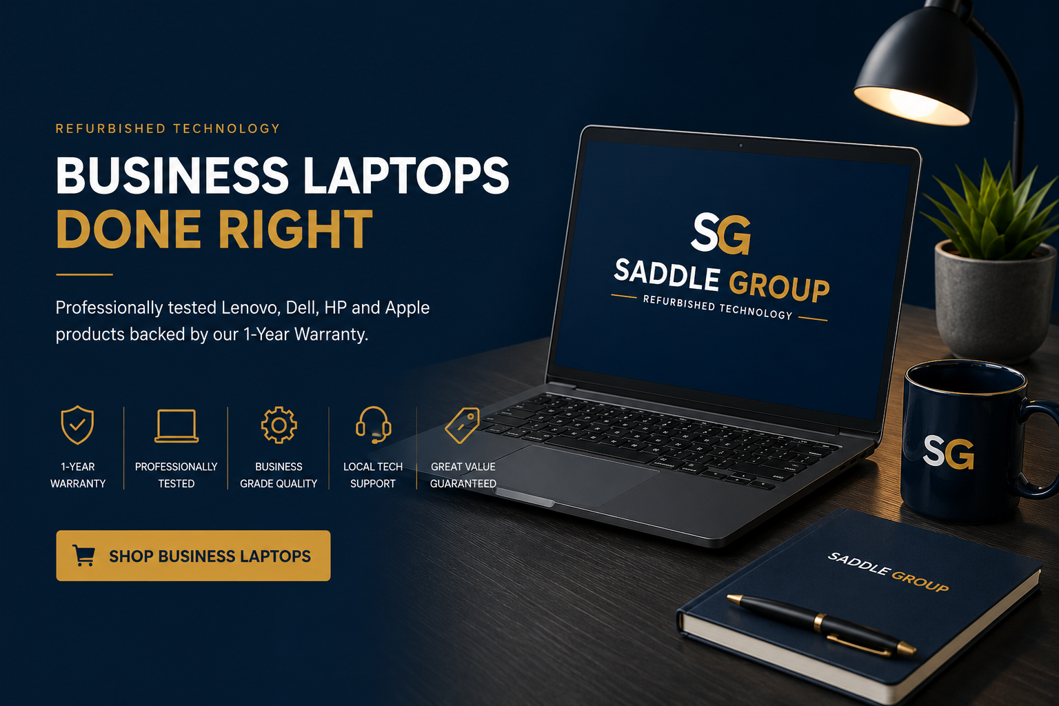 Saddle Group refurbished business laptops including Lenovo ThinkPad, Dell Latitude, HP EliteBook and Apple MacBook systems backed by a 1-year warranty in Canada.