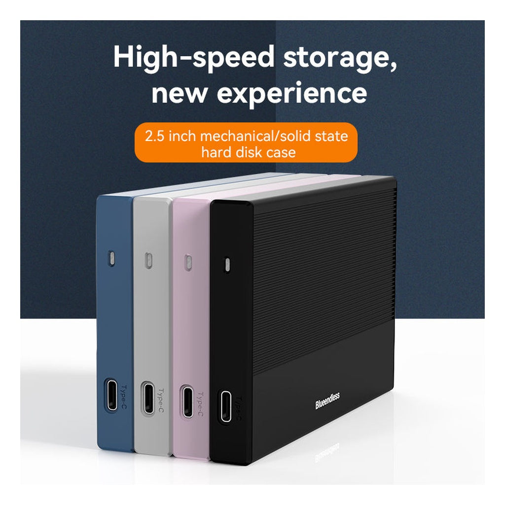 Blueendless 2.5 inch SATA HDD SSD enclosure with USB-C port in black, gray, pink and blue