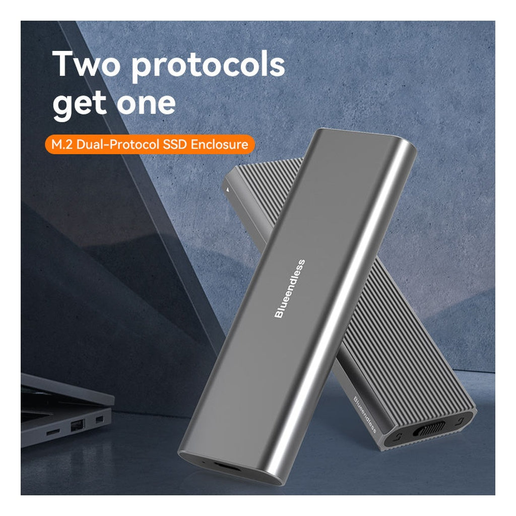 Blueendless M.2 NVMe and SATA dual-protocol SSD enclosure in aluminum, two units angled
