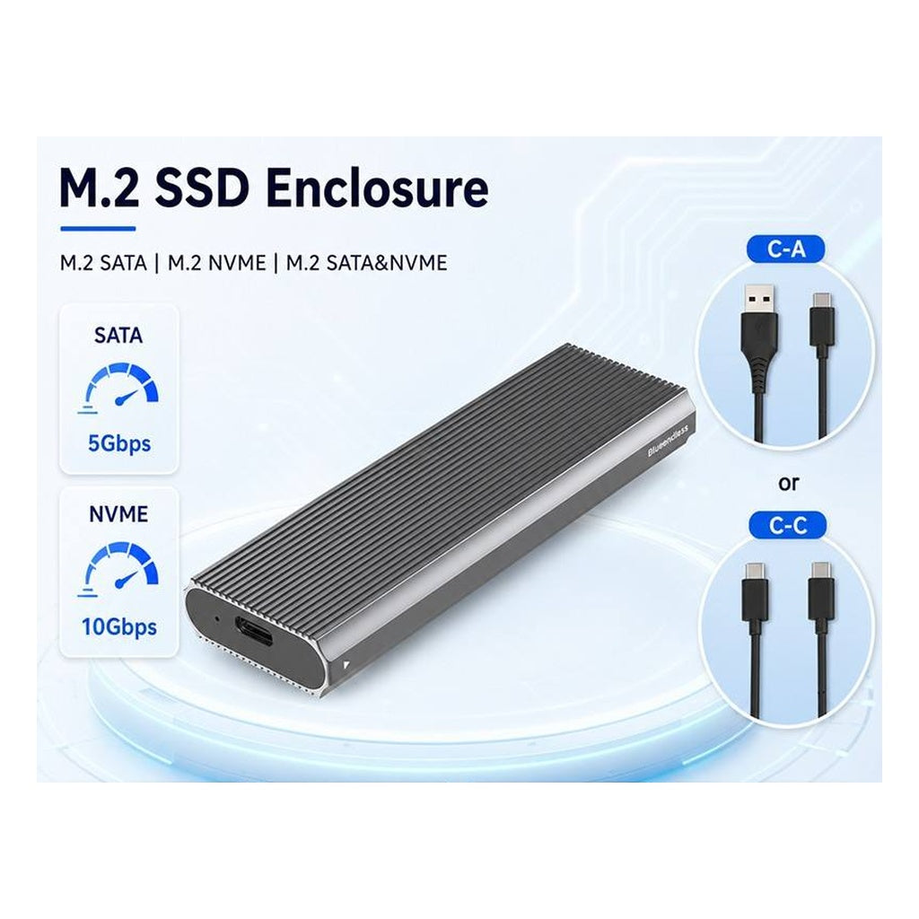 Blueendless M.2 SSD enclosure with SATA 5Gbps and NVMe 10Gbps speeds and USB-C cable options