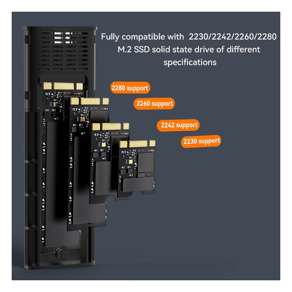 Blueendless M.2 enclosure interior showing 2230, 2242, 2260 and 2280 SSD size support