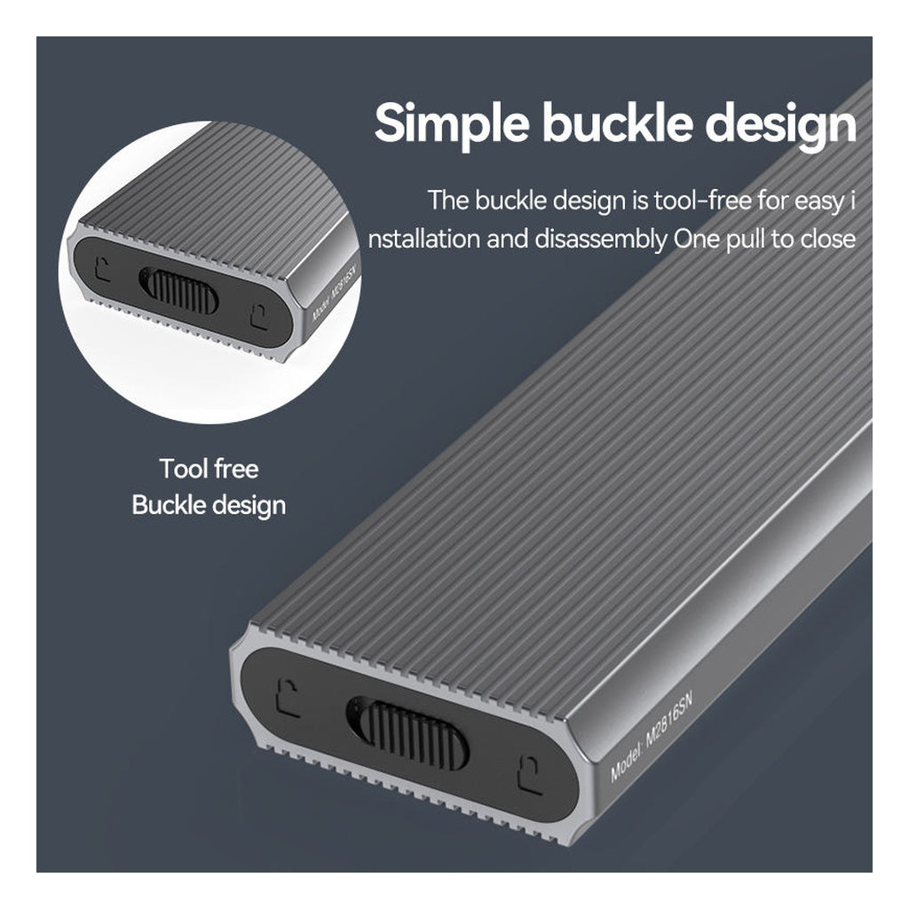 Blueendless M.2 SSD enclosure tool-free slide buckle end close-up