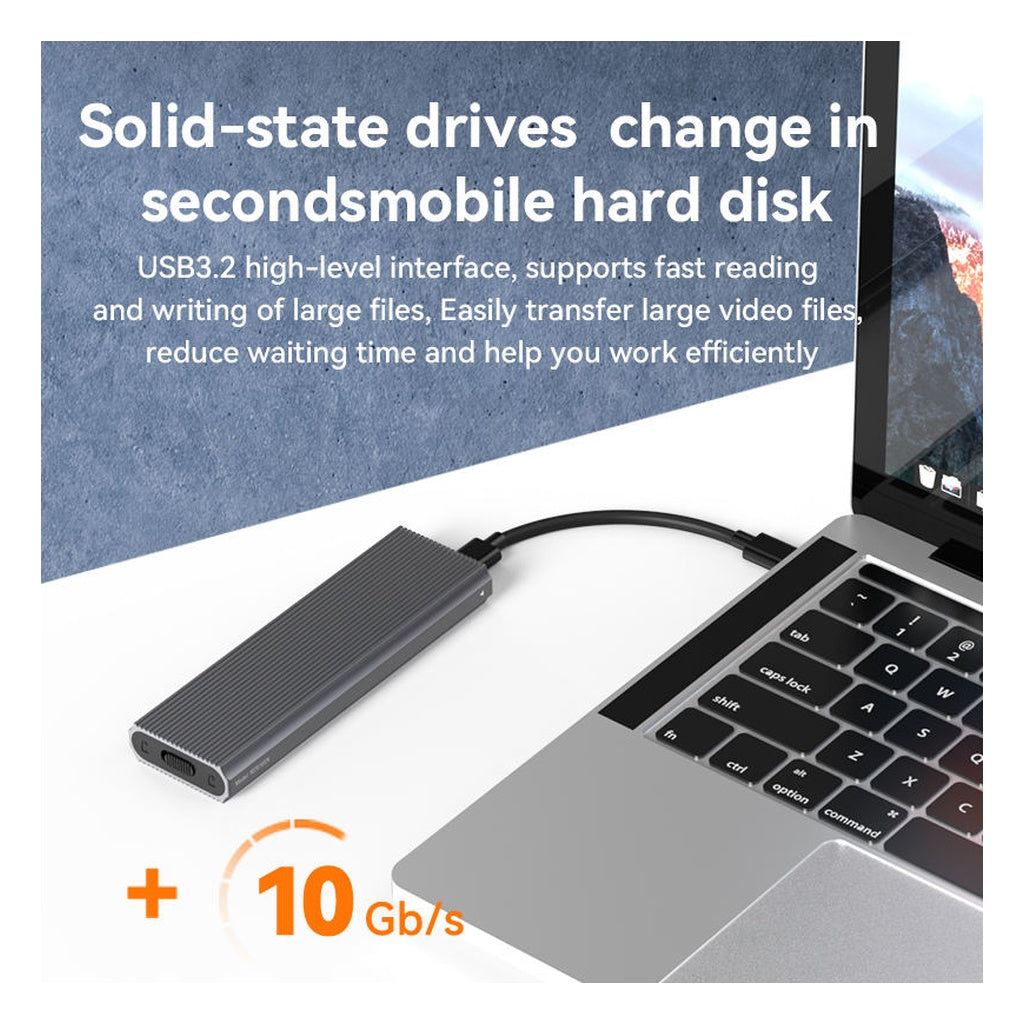 Blueendless M.2 NVMe SSD enclosure plugged into laptop with 10Gbps USB-C transfer speed