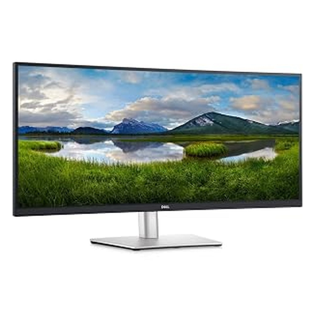 Dell P3421W curved WQHD ultrawide monitor angled view on silver stand
