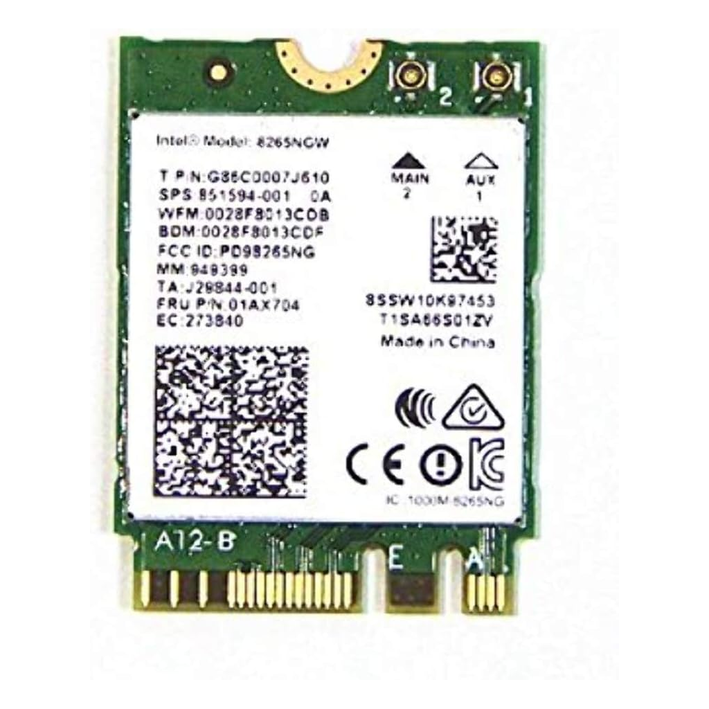 Intel 8265NGW Wi-Fi card close-up showing FRU 01AX704 and certification marks - dual band wireless module Vaughan Ontario