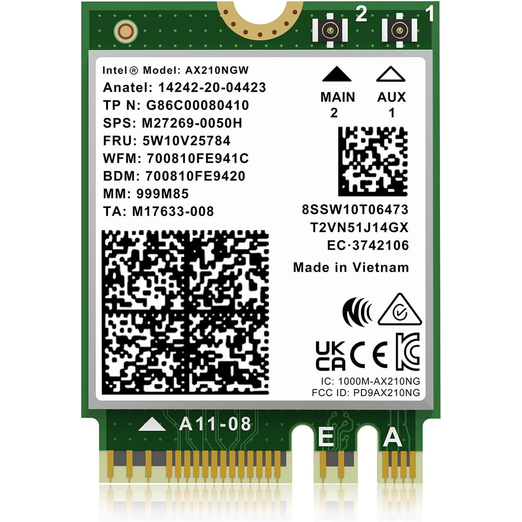Intel AX210NGW Wi-Fi 6E wireless card front label showing part numbers and antenna connectors - M.2 2230 Canada