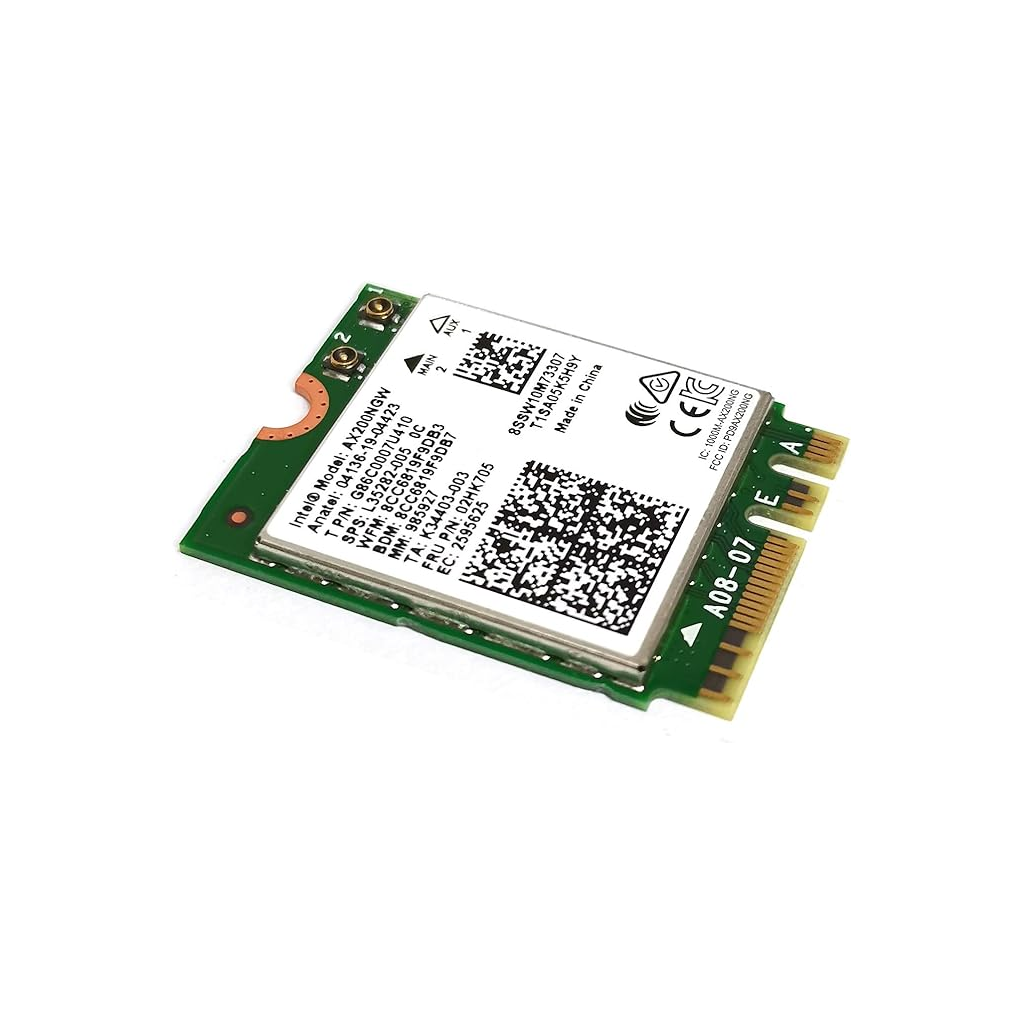 Intel AX210NGW M.2 2230 wireless network card angled view with antenna ports - refurbished laptop parts Canada