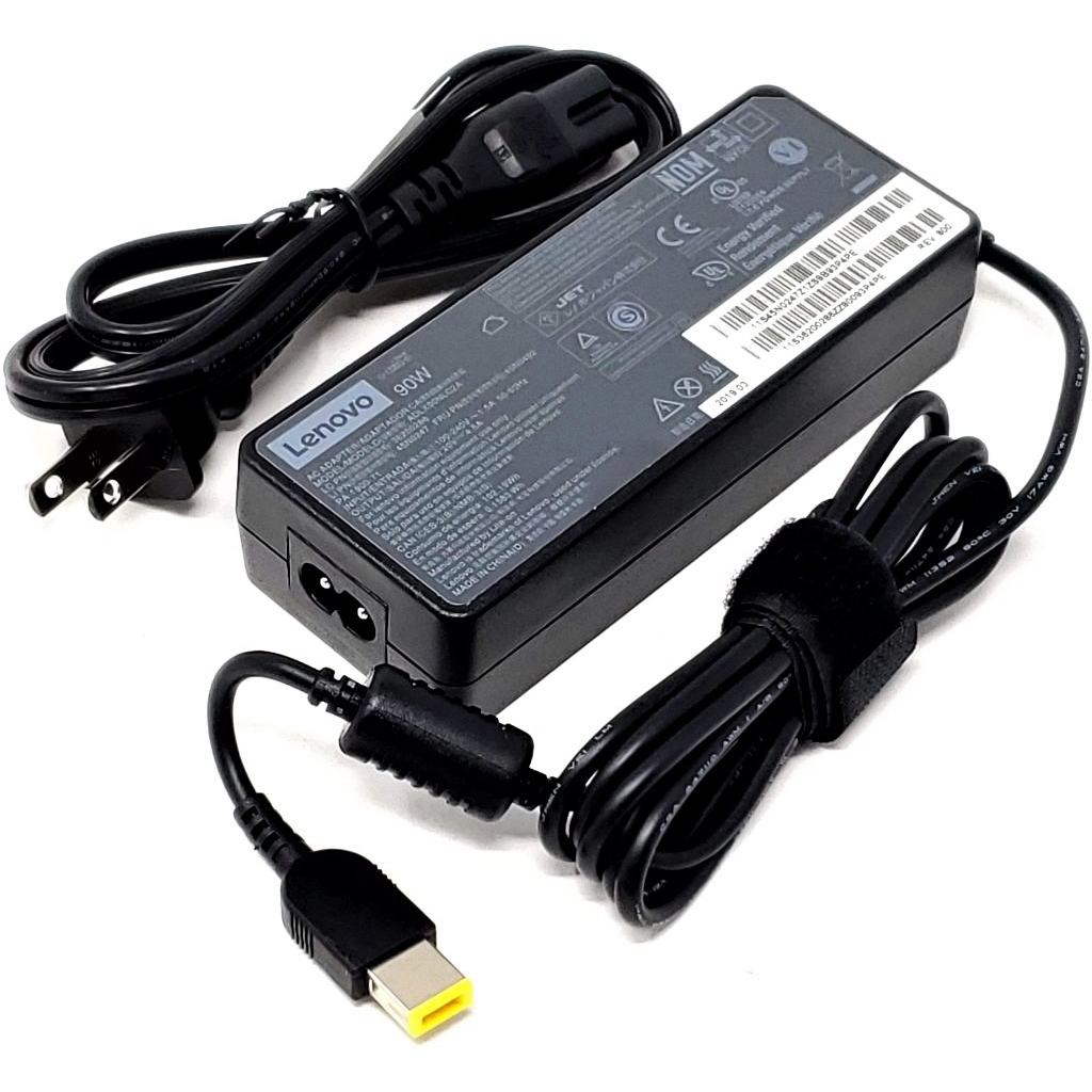 Back of used Lenovo 90W square tip charger showing 20V 4.5A output label