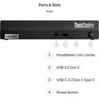 Lenovo ThinkCentre M70q Gen 1 front panel with Intel Core i3 10th Gen badge and port labels