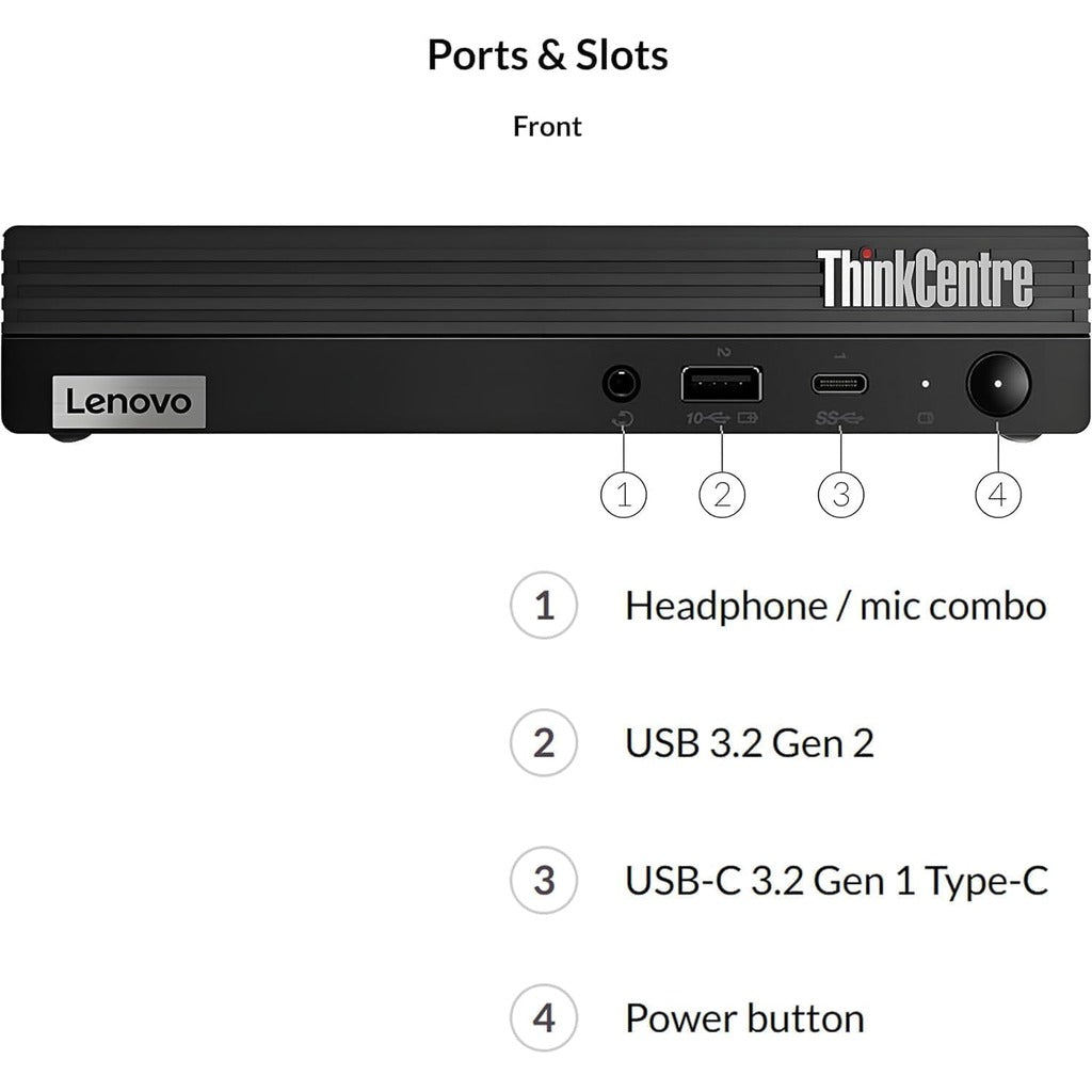 Lenovo ThinkCentre M70q Gen 1 front panel with Intel Core i3 10th Gen badge and port labels