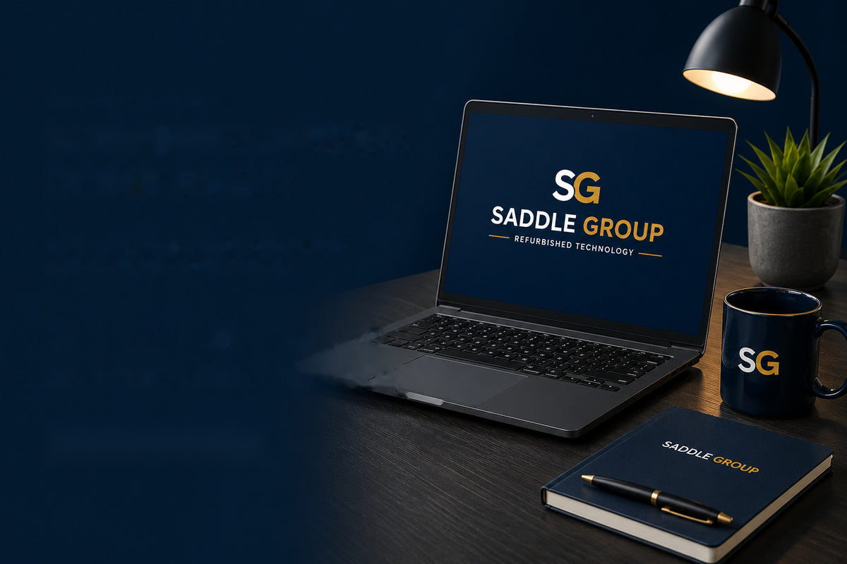 Refurbished business laptop on a desk with a Saddle Group notebook and mug