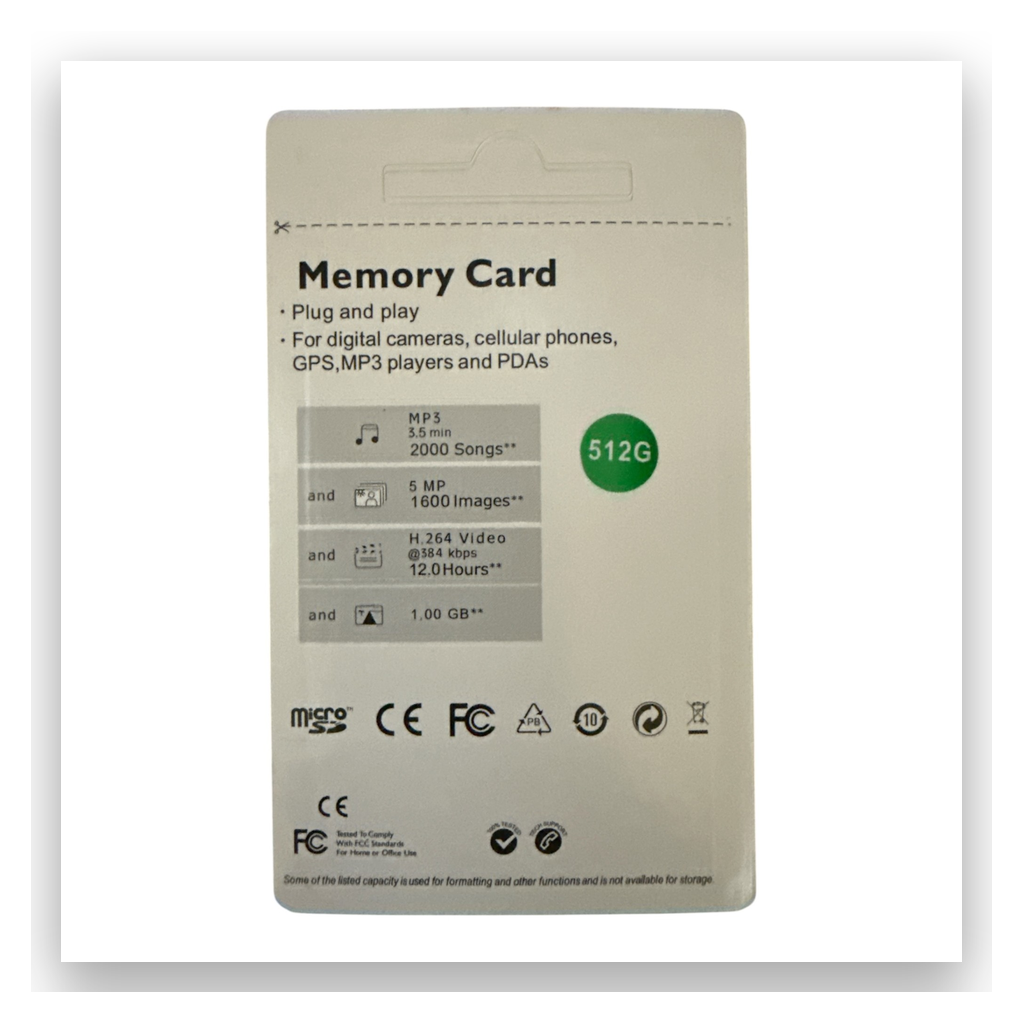 512GB micro SD memory card retail packaging showing storage capacity and compatibility