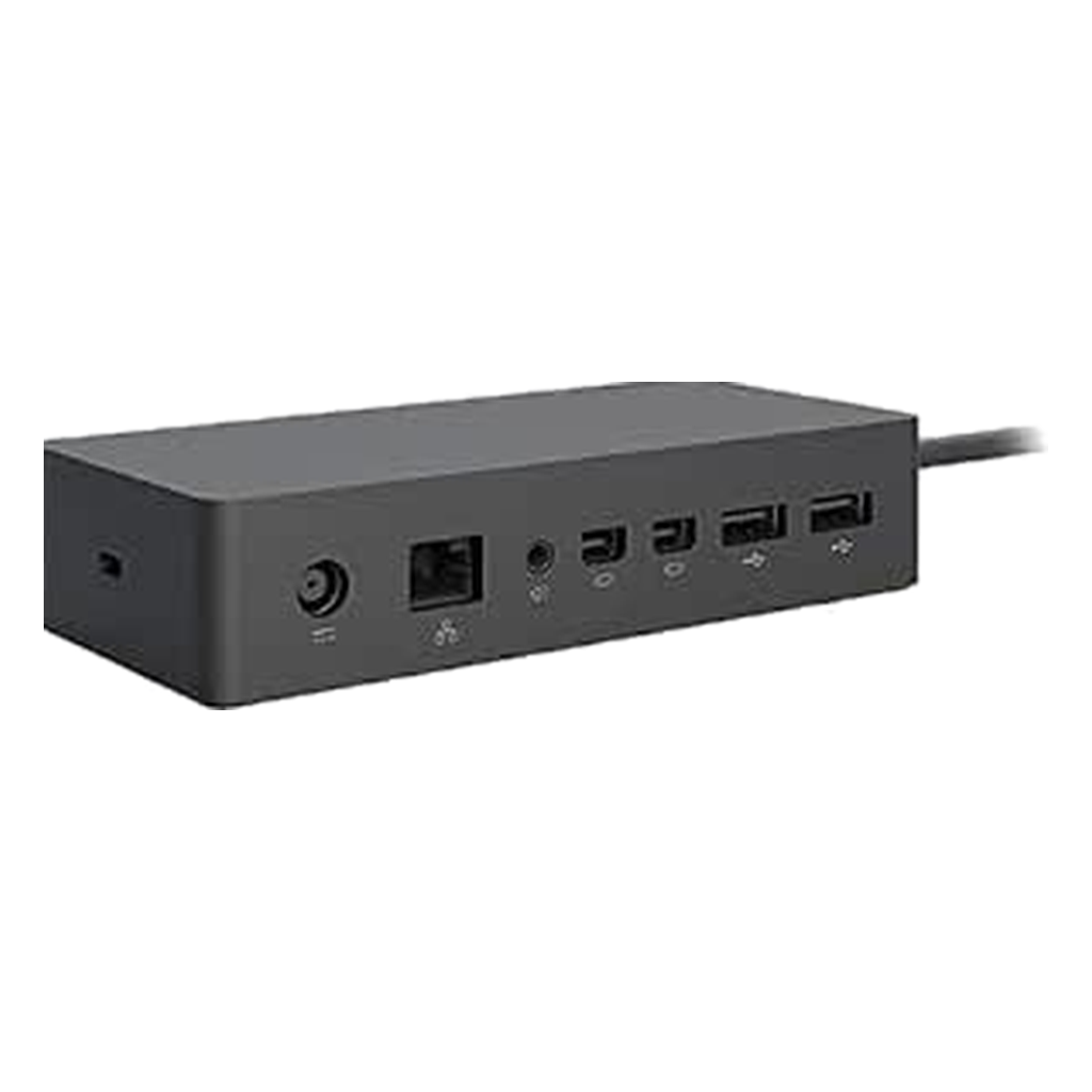 Microsoft Surface Dock Model 1661 rear ports: power, Gigabit Ethernet, audio, two Mini DisplayPort, two USB 3.0
