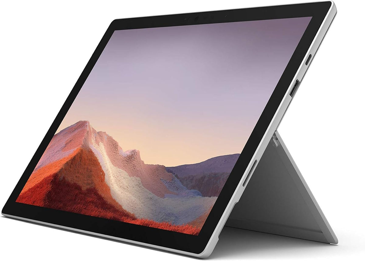 Microsoft Surface Pro 7+ refurbished 12.3 inch touchscreen tablet angled view with kickstand