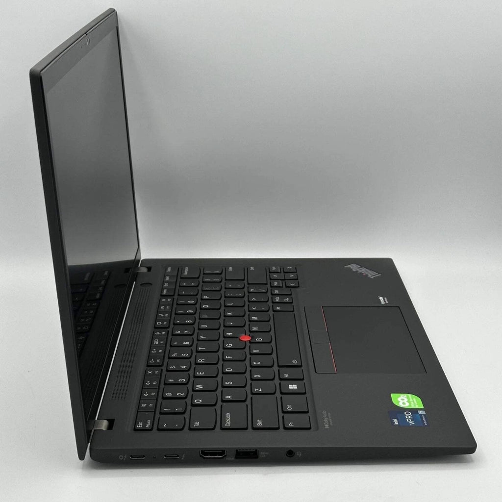 Left side ports of Lenovo ThinkPad T14 Gen 4 laptop showing USB C Thunderbolt and HDMI