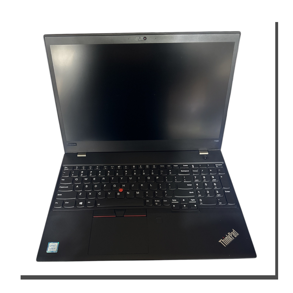 Refurbished Lenovo ThinkPad T580 15.6" FHD laptop open showing keyboard and display - Grade A condition - i5-8250U 16GB RAM 256GB SSD - Saddle Group Canada