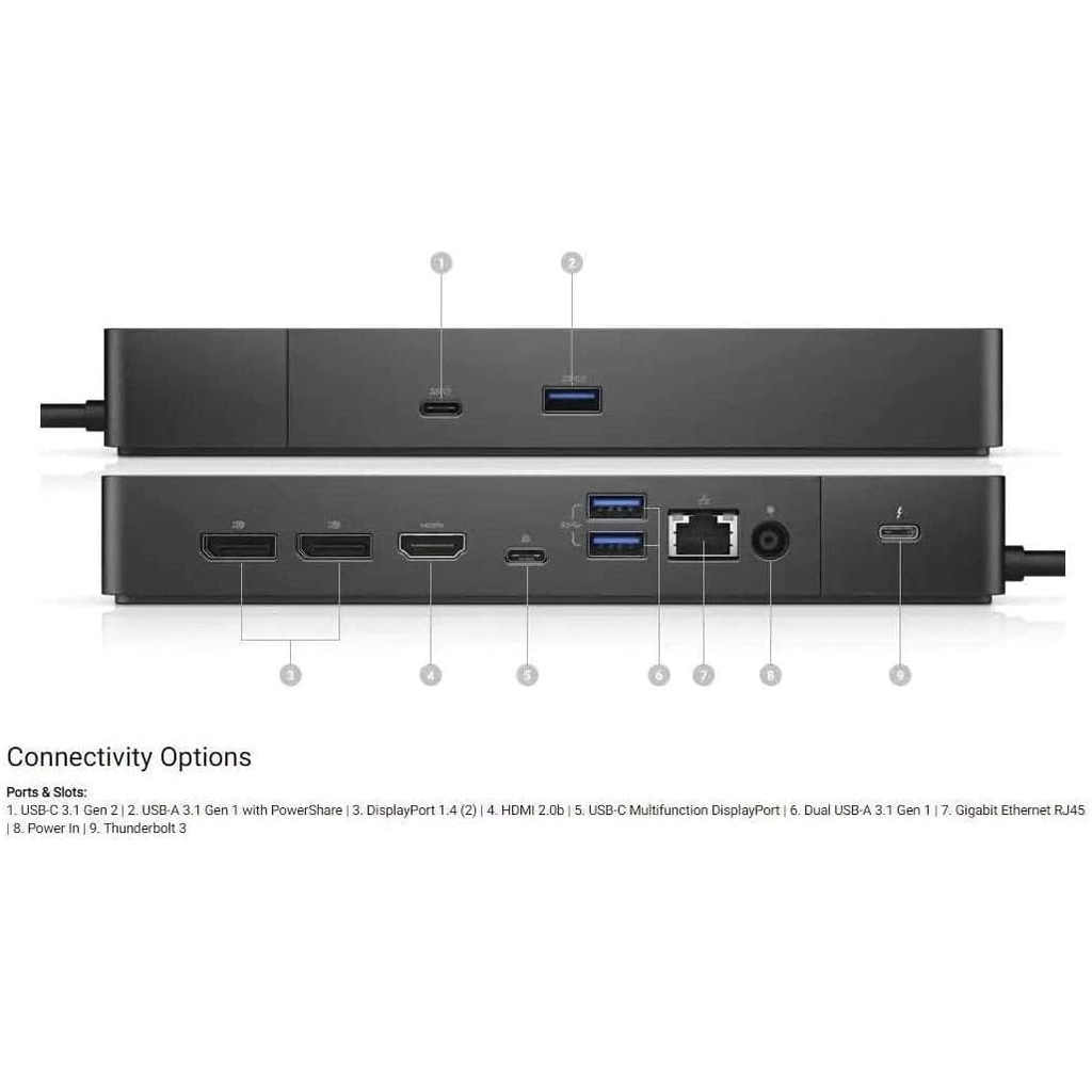 Dell WD19TBS Thunderbolt dock multiple angles showing ports and 180W power adapter - refurbished Canada